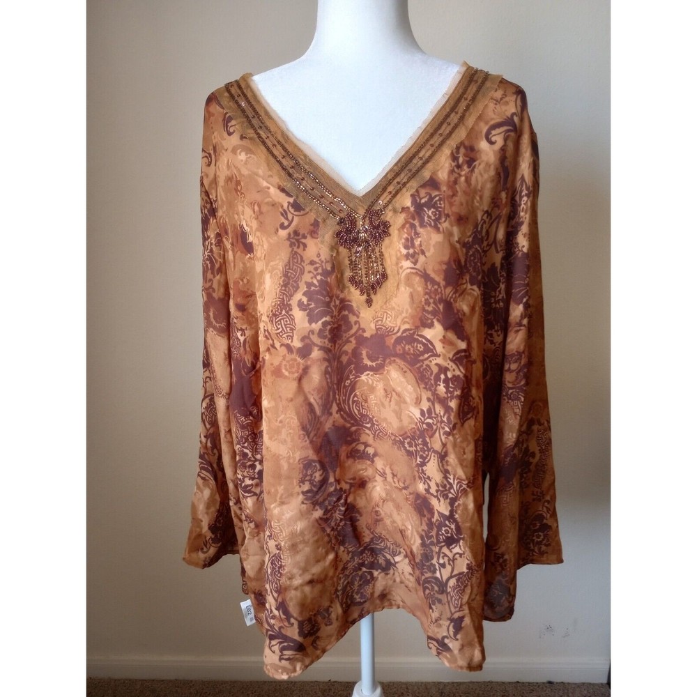 Metro Womens Chocolate Brown 22W Long Sleeve Embellished VNeck Chiffon Blouse